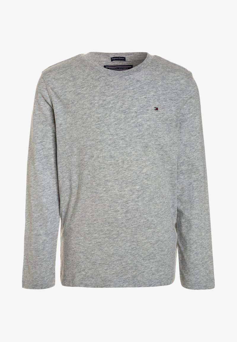 Koszula z długim rękawem wykonana z jasnoszarej organicznej bawełny, z okrągłym dekoltem i małym haftowanym logo na klatce piersiowej.