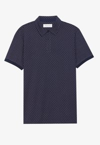 Camisa polo de color azul marino con un patrón geométrico en beige, de manga corta y con un cuello clásico, hecha de un tejido de textura suave.