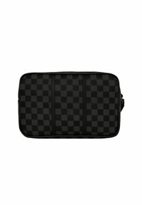 Bolsa de tela a cuadros negra con forma rectangular, que presenta tres acentos verticales y un cierre de cremallera. Textura suave y acabado mate.