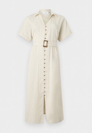 Μπεζ μίντι φόρεμα με κοντά μανίκια, γιακά, κουμπιά μπροστά και ταιριαστή ζώνη με ορθογώνια αγκράφα.