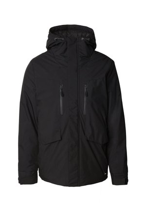 Schwarze isolierte Jacke mit Kapuze, Frontreißverschluss, zwei Brusttaschen und elastischen Bündchen. Glatte Textur, funktionales Design für Wärme.