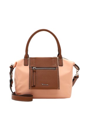Small handbag with light peach body, brown leather handles, front zip pocket, and detachable shoulder strap on white background.