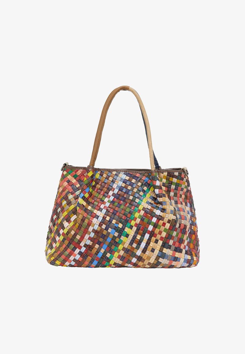 Geantă de umăr împletită, realizată din material colorat, cu o varietate de nuanțe, având mânere din piele maro și un design spațios.