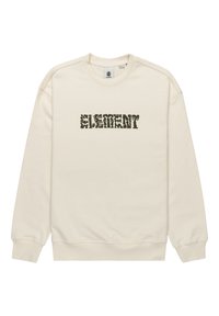 Cream-colored sweatshirt with a round neckline and ribbed cuffs. Features a bold, textured graphic "ELEMENT" in dark green across the front.