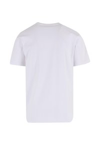 Biała krótki rękaw T-shirt z bawełny, o okrągłym dekolcie i luźnym kroju. Gładka faktura bez wzorów lub dodatkowych detali.