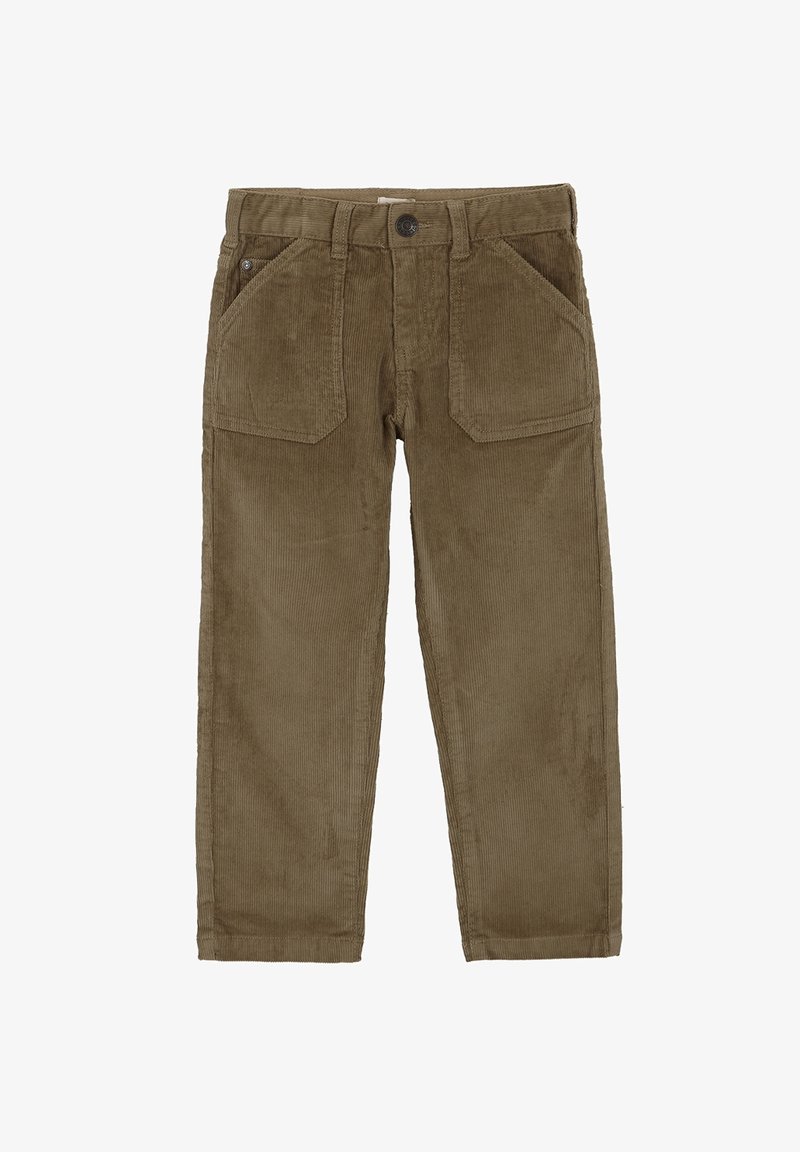 Pantaloni in velluto a coste verde oliva, con taglio dritto, due tasche frontali e superficie testurizzata con coste verticali.