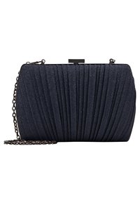 Navy blue pleated clutch made of textured fabric with a shimmering finish. Features a black metal clasp and an adjustable chain strap.