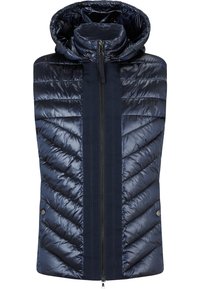 Marinblå pufferväst med huva, med kviltad chevrondesign, framzipper och accentpanel. Slät, glänsande material med metallhardware.