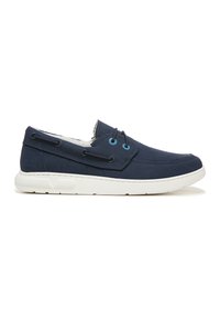 Navy Canvas Slipper-Schuhe mit einer weißen Gummisohle, ausgestattet mit zwei Ösen mit blauen Akzenten und einem gestickten Zehendesign.