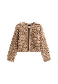 Cardigan texturizzato beige chiaro con un design strappato e peloso. Maniche lunghe e davanti aperto senza chiusure. Tessuto morbido con un aspetto peloso.