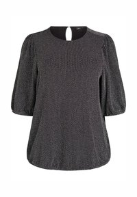 Juoda bluzonė su žuvies kaulų raštu, pusės pūstomis rankovėmis, atviruku nugaroje ir šiek tiek laisvu siluetu, pagaminta iš tekstūruotos medžiagos.