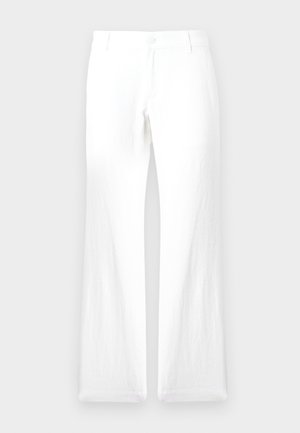 White linen trousers with a straight leg, button closure, and no visible patterns. Smooth texture and minimal design.