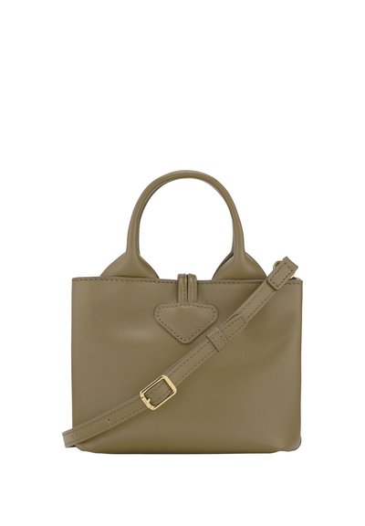Olive green leather handbag with two top handles, a detachable shoulder strap, and a decorative heart-shaped accent on the front.