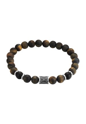 Bracciale con perle rotonde di occhio di tigre marrone e nero, distanziatori in argento e un ciondolo cilindrico testurizzato in argento.