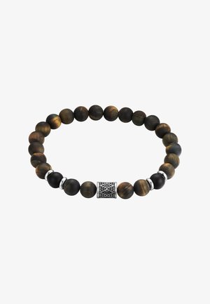 Armband mit runden braunen und schwarzen Tigerauge-Perlen, silbernen Abstandshaltern und einem strukturierten silbernen zylindrischen Anhänger.