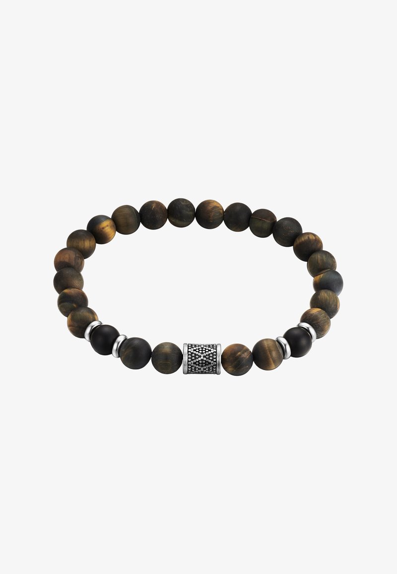 Armbånd med runde brune og sorte tigerøjeperler, sølvskilleled og en tekstureret sølvcylindrisk vedhæng.