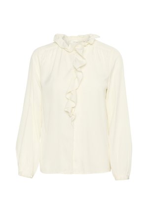 Kremkrāsas garām piedurknēm blūze ar volānu apkakli un priekšējo plāksni, izgatavota no viegla auduma ar gludu tekstūru.