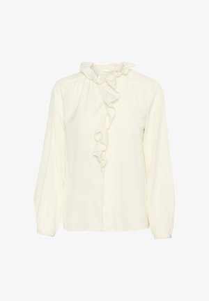 Kremkrāsas garām piedurknēm blūze ar volānu apkakli un priekšējo plāksni, izgatavota no viegla auduma ar gludu tekstūru.