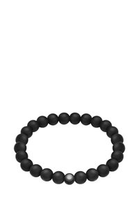 Pulsera de cuentas negras con cuentas esféricas mate, uniformes en tamaño, con un único acento de cuenta brillante. Diseño redondeado, ajuste flexible.