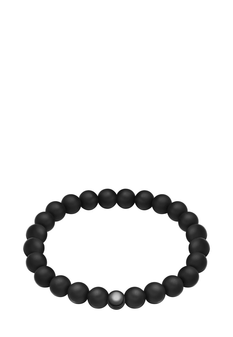 Pulsera de cuentas negras con cuentas esféricas mate, uniformes en tamaño, con un único acento de cuenta brillante. Diseño redondeado, ajuste flexible.
