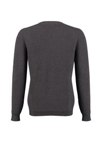 Dunkelgrauer gestrickter Pullover mit strukturiertem Muster, langen Ärmeln, Rundhalsausschnitt und gerippten Bündchen und Saum. Keine sichtbaren Verschlüsse.