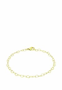 Pulsera de color dorado con formas de corazones enlazados y un cierre seguro. Fabricada en metal, tiene una textura suave y brillante.