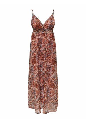 Maxi haljina s tankim trakama, V-izrezom i multikolor uzorkom u toplim tonovima. Lagana tkanina s lepršavim siluetom.