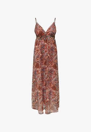 Maxi ruha vékony pántokkal, V-kivágással és meleg árnyalatokban pompázó, többszínű absztrakt mintával. Könnyű anyagból készült, ami légies siluettet biztosít.
