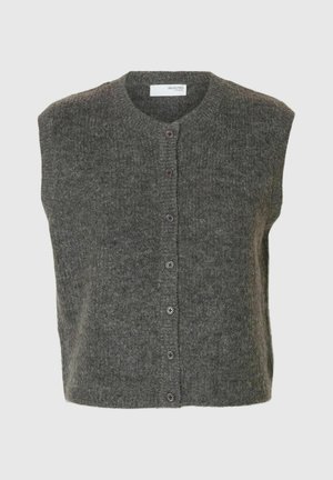Graue ärmellose Strickjacke aus weicher Wolle mit rundem Ausschnitt, vorderen Knöpfen und strukturiertem Finish.