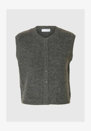 Cardigan sans manches gris en laine douce avec un col rond, des boutons à l'avant et une finition texturée.