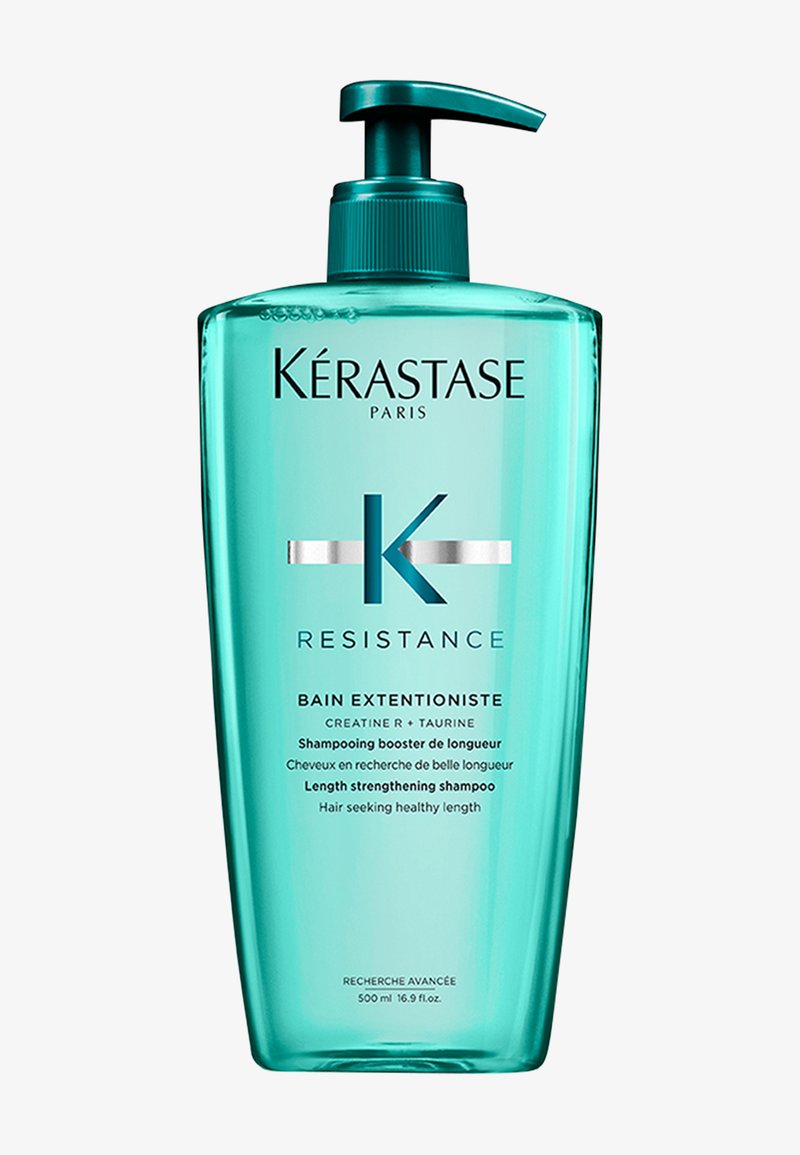Fles Kérastase Resistance Bain Extentioniste haarshampoo met pomp, turkoois, 500 ml, lengteversterkende formule met creatine en taurine.