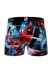 Boxer-briefs pour hommes avec un imprimé multicolore inspiré des bandes dessinées, comprenant des thèmes spatiaux, des robots et des bulles de dialogue. Fabriqués en tissu lisse et extensible.
