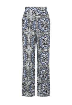 Hochtaillierte, gerade geschnittene Hose mit einem aufwändigen geometrischen Blumenfliesenmuster in Blau, Schwarz und Weiß.
