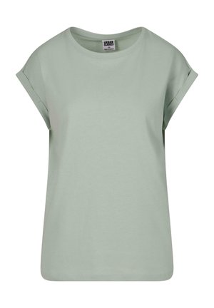 Light green, short-sleeved t-shirt made of soft cotton, featuring a crew neck and rolled cuffs, with a relaxed boxy shape.