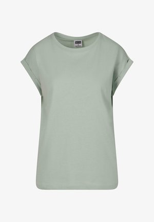 Light green, short-sleeved t-shirt made of soft cotton, featuring a crew neck and rolled cuffs, with a relaxed boxy shape.
