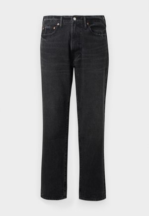 Jeans di denim nero con taglio dritto, dotati di chiusura con bottone e zip, cinque tasche e dettagli in ottone.