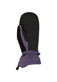 Schwarze und lila Handschuhe mit einem weichen Außenstoff, elastischem Bündchen und einer Kordelzugverschlusstechnik. Das Design bietet eine glatte Textur und eine ergonomische Form.