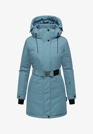 Lys blå isolert jakke med hette, justerbare snorstrammer, belte i midjen, glidelåslommer og svarte mansjetter for ekstra varme.