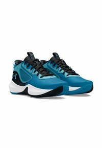 Chaussures de sport turquoise avec des accents noirs, tiges texturées et semelle extérieure blanche, dotées d'un design flexible et d'une semelle à motifs pour une bonne adhérence.