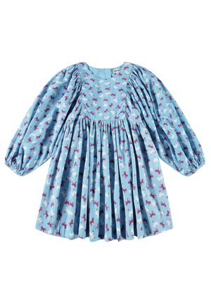 Robe en coton bleu avec de longues manches bouffantes, des poignets élastiques, un buste froncé et un imprimé de licorne ludique en violet et blanc.