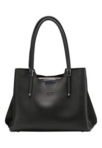 Sac fourre-tout en cuir noir avec deux poignées arrondies, fermeture éclair et accents de matériel argenté. Caractérisé par une surface texturée et un détail logo.