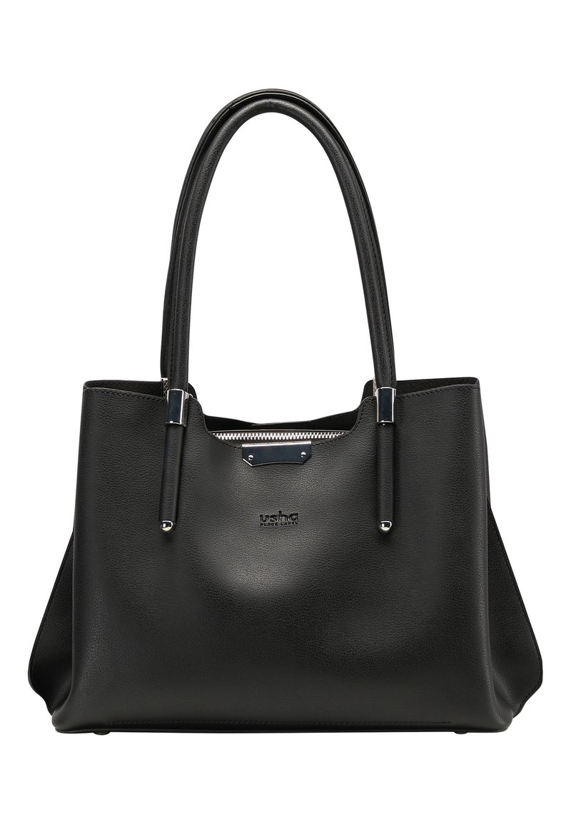 Sac fourre-tout en cuir noir avec deux poignées arrondies, fermeture éclair et accents de matériel argenté. Caractérisé par une surface texturée et un détail logo.