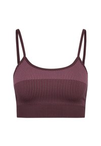 Paarse geribbelde bralette met dunne verstelbare bandjes. Heeft een textuurdesign met lichte en donkere secties die een gelaagd effect creëren.