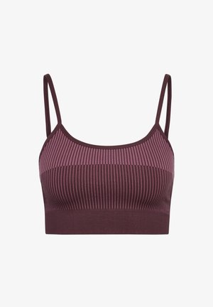 Fioletowy, prążkowany biustonosz braletka z cienkimi, regulowanymi ramiączkami. Posiada teksturowany wzór z jasnymi i ciemnymi sekcjami, które tworzą efekt warstwowy.