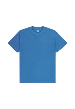 Modré bavlnené tričko s klasickým okrúhlym výstrihom, krátkymi rukávmi a jemným logom "element" na hrudi, s hladkou textúrou.