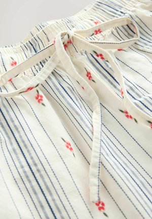 Baumwoll-Oberteil mit floralem Muster, blauen Streifen, gerafftem Ausschnitt und einer Schluppe vorne.