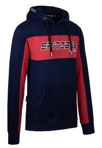 Felpa blu navy e rossa con tasca frontale, cappuccio con lacci e logo "SPITZBUB" sul petto, caratterizzata da una texture morbida e polsini a coste.
