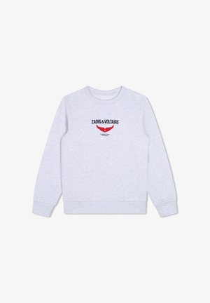 Sweatshirt gris en matériau doux. Doté de manches longues, d'un col rond et d'un logo avec des accents rouges sur le devant.