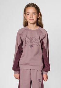 Lila sweatshirt med raglanärmar, med årtalet '1923' tryckt i en mörkare nyans av lila. Mjuk tyg med avslappnad passform. Matchande byxor syns.