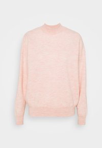 Pehmeä vaaleanpunainen pitkähihainen neule korkean pyöreän kaula-aukon, ribattujen hihansuiden ja vyötärönauhalla, esitelty valkoisella taustalla.